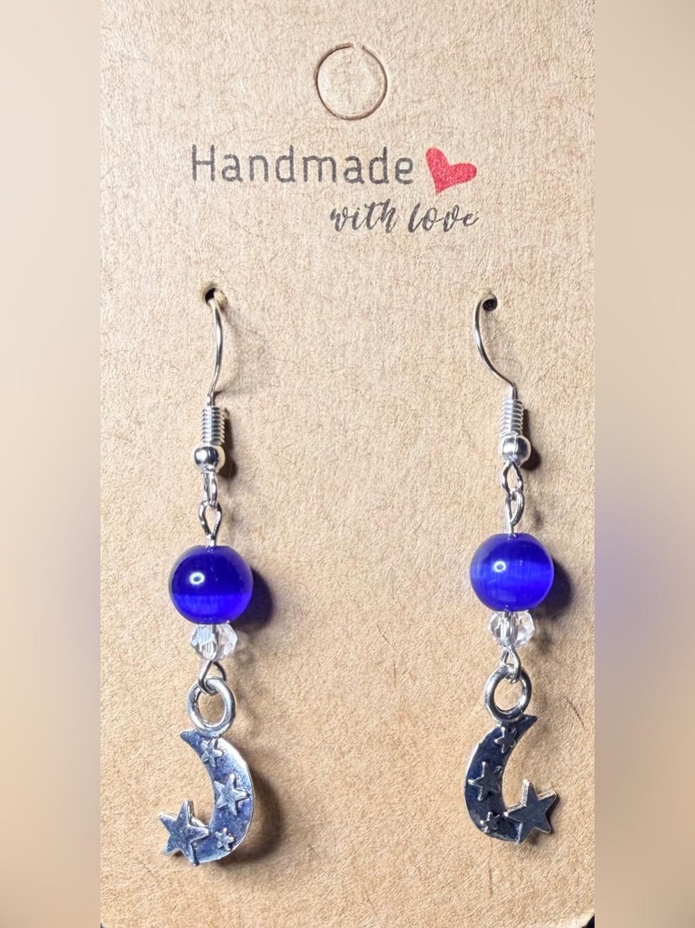 Handmade Silver Crescent Moon & Star Earrings with Royal Blue Cat Eye Beads